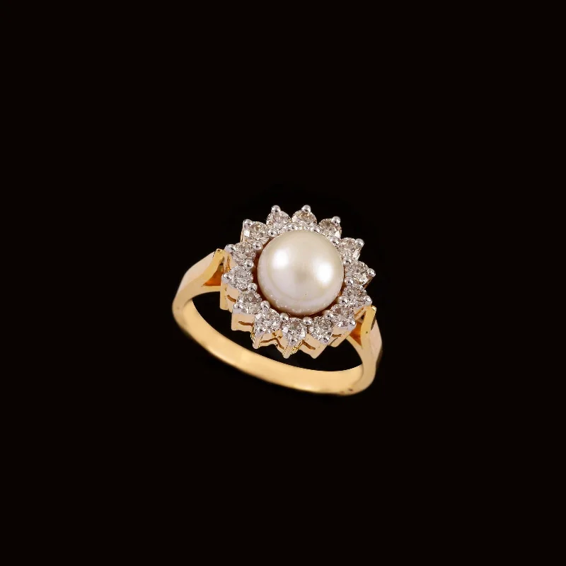 14K YG Cluster Diamond with Pearl Ring-1pc