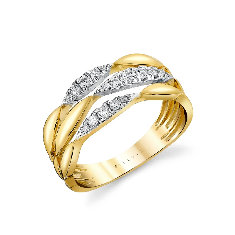 14K Yellow And White Gold Three Row Twisted Diamond Ring