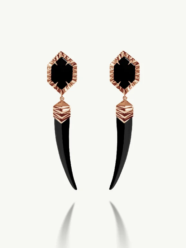 Alexandria Horn Talisman Drop Earrings With Black Onyx Agate In 18K Rose Gold