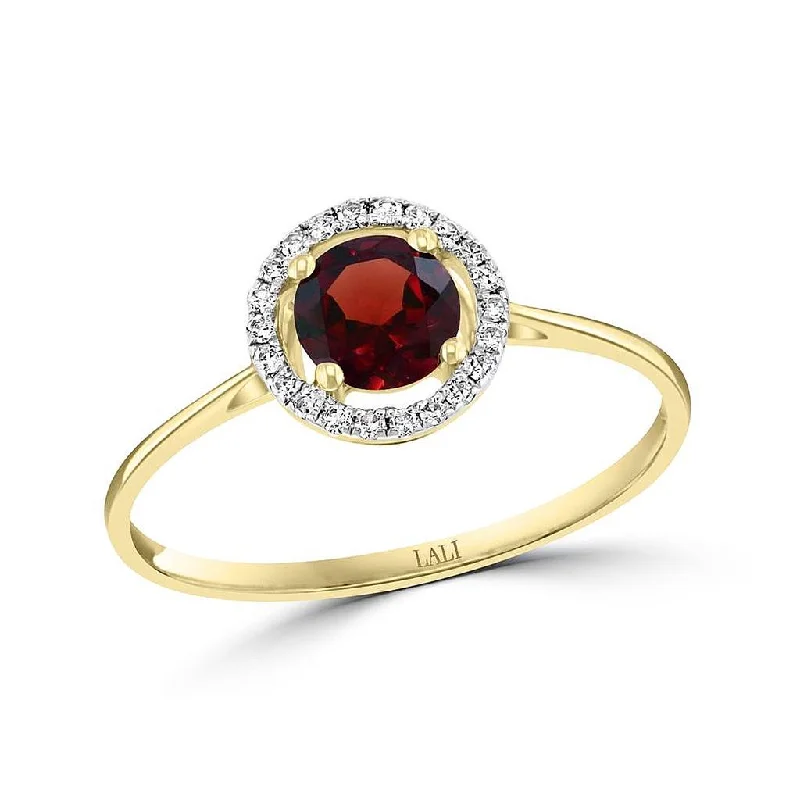 January Birthstone Rings: 14K Yellow Gold Diamond And Garnet Halo Ring