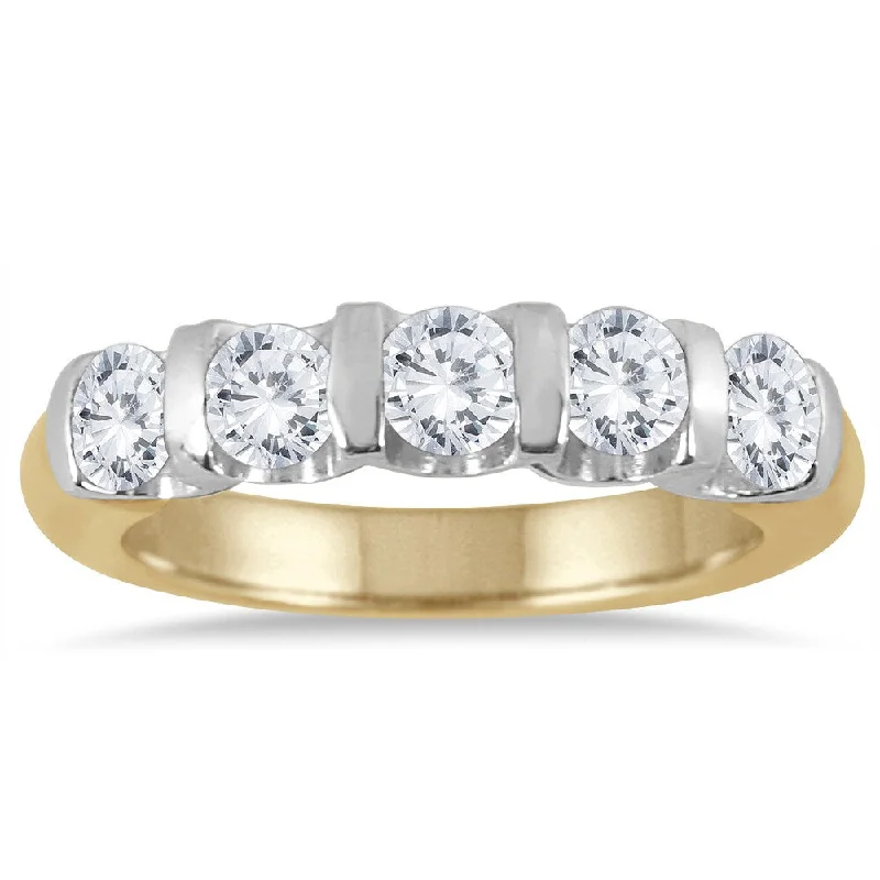 Marquee Jewels 14k Two-toned Gold 1ct TDW Bar-set 5-stone Diamond Band