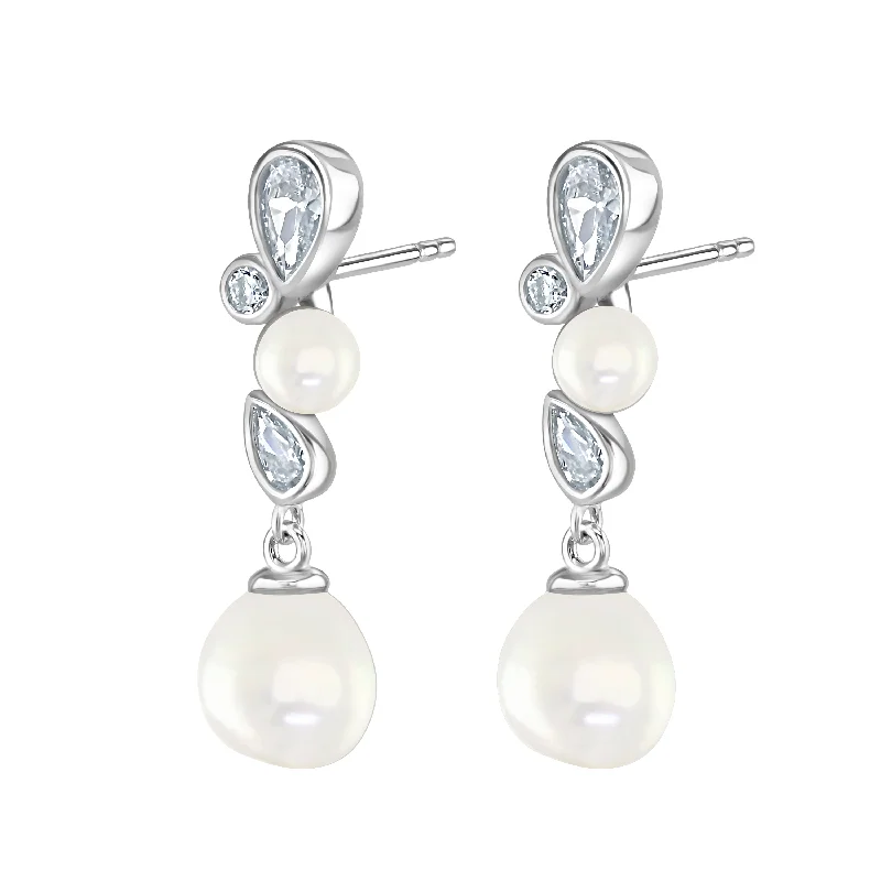 Sterling Silver Pearl Cubic Zirconia Bezel Set Earrings