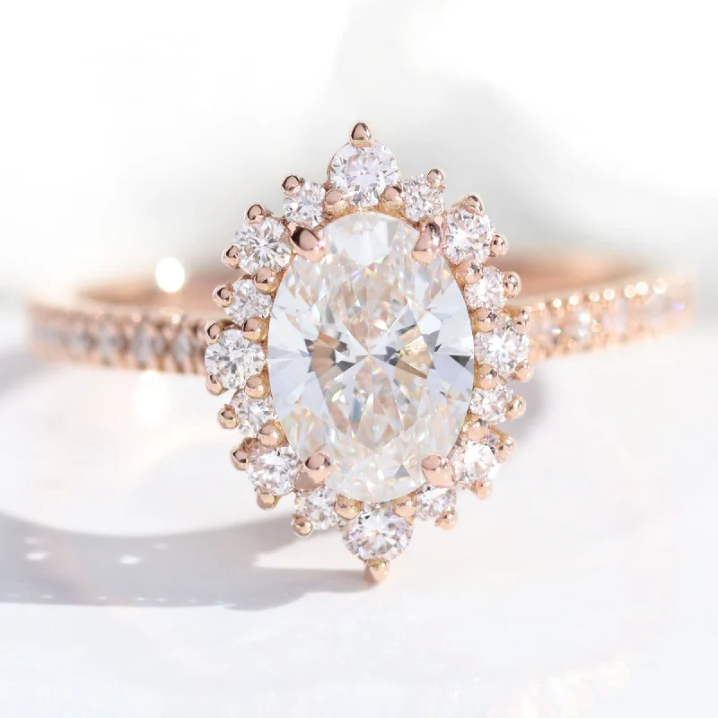 Oval Lab Diamond Ring Pave Band w/ Natural Diamonds in Tiara Halo Ring