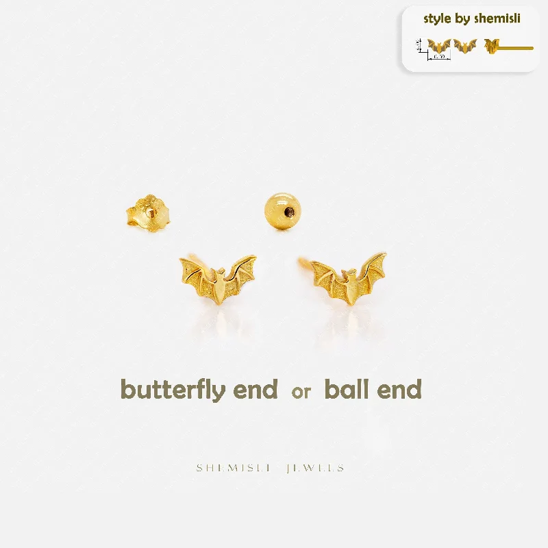 Tiny Bat Studs Earrings, Unisex, Gold, Silver SHEMISLI SS883 Butterfly End, SS884 Screw Ball End (Type A)