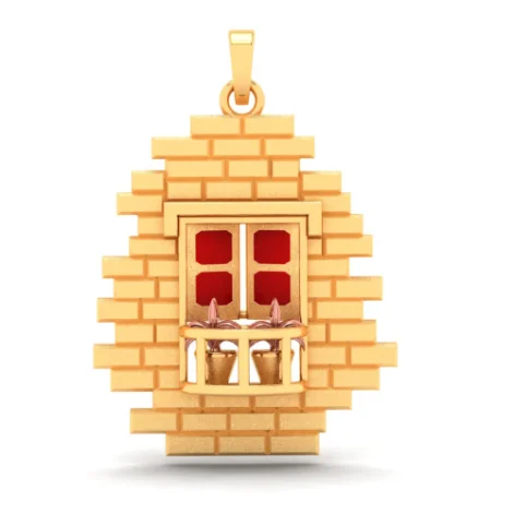 14k Gold Pendant In The Shape Of A Brick Wall With A Window And Flower Pots From Amazea Collection