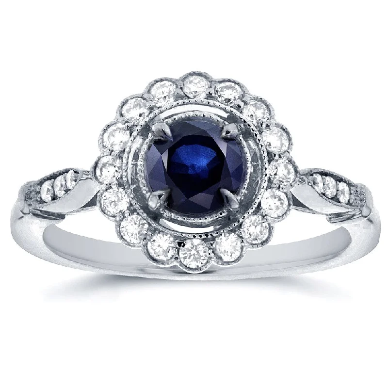 Annello by Kobelli 14k White Gold Round-cut Sapphire and 1/4ct TDW Diamond Art Deco Flower Engagemen