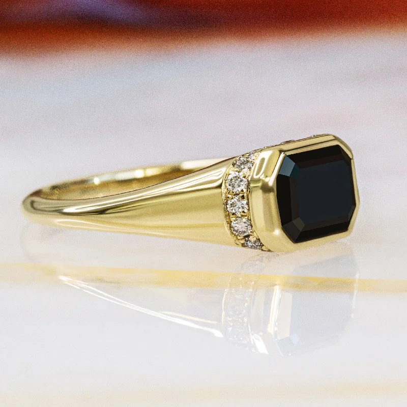 Equinox- Art Deco Natural Black Diamond Emerald Cut Engagement Ring in Yellow Gold