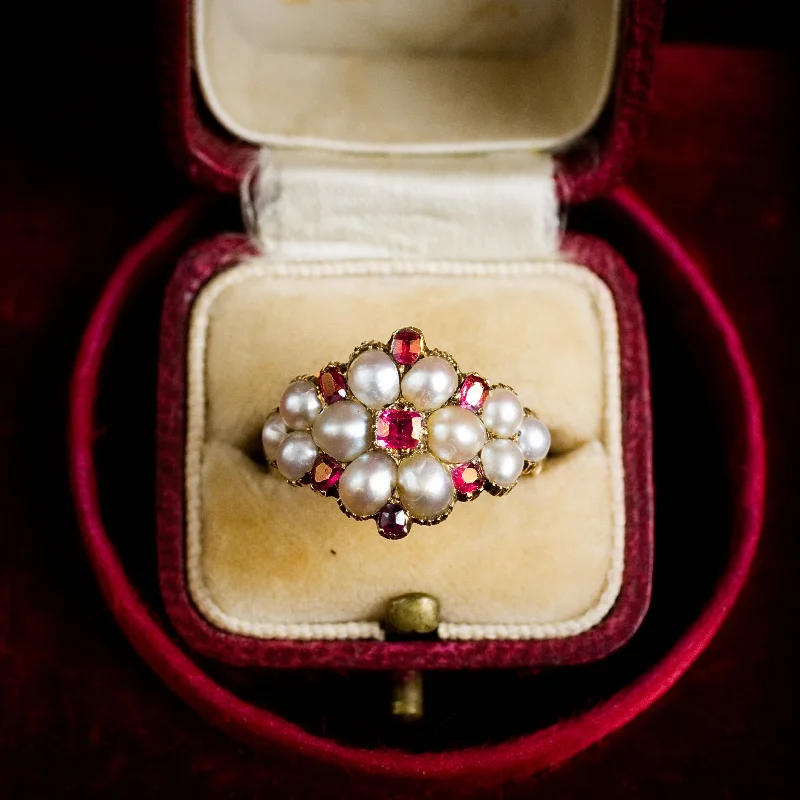 Thou Dost Enthrall Me! Antique Georgian Ruby & Natural Pearl Cluster Ring