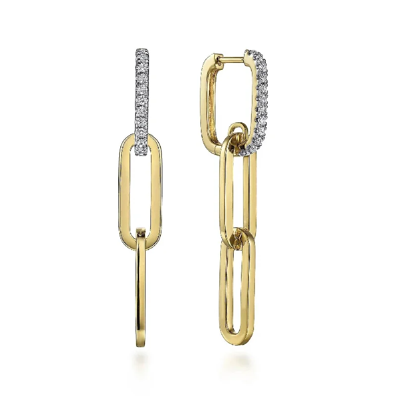 Yellow Gold Diamond Paperclip Link Chain Drop Huggie Earrings, 0.30 cttw