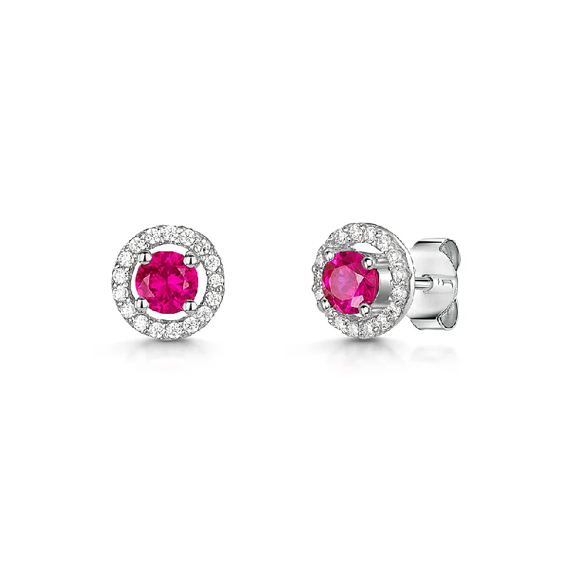 Jools Silver Ruby Red Zirconia Halo Stud Earrings