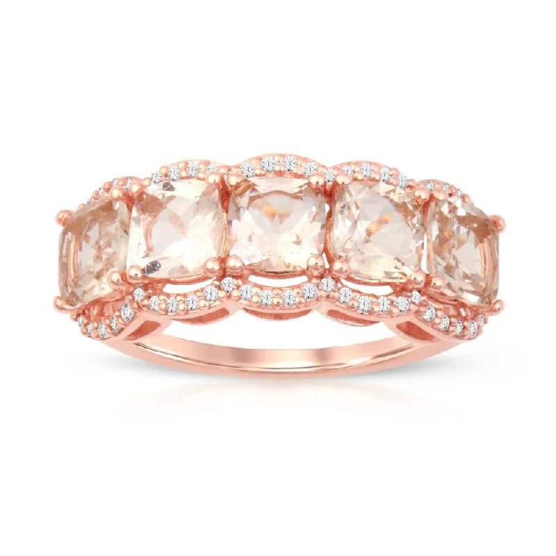 Cushion Cut Morganite Gemstone 1/5ct TDW Diamond Ring in Rose Gold Plated Silver