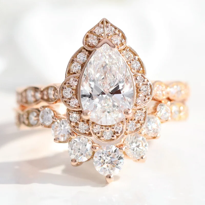 Pear Diamond Vintage Floral Ring Set w/ Lab Diamond and Large 7 Stone Wedding Band