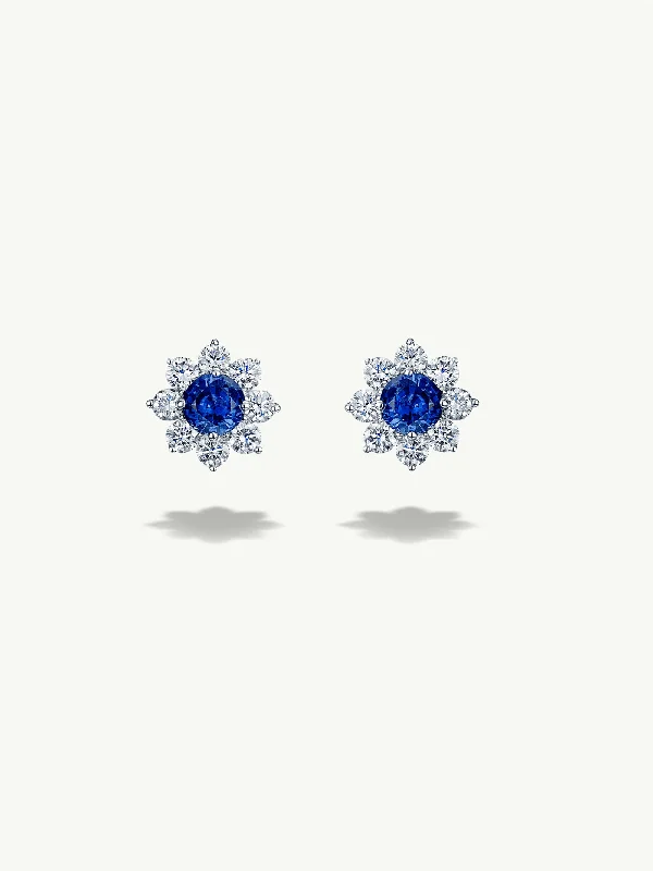 Celestial Blue Sapphire and Diamond Halo Stud Earrings in 18K White Gold