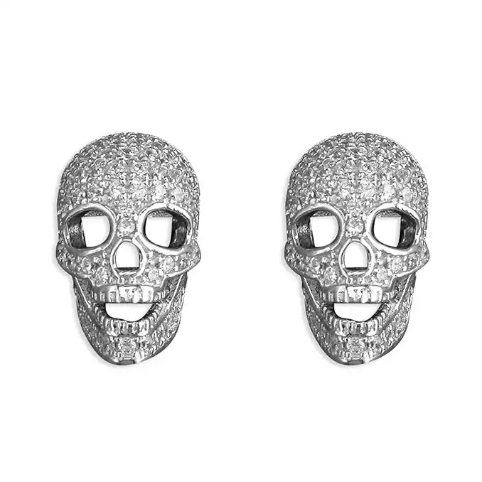 Sterling Silver Cubic Zirconia Skull Stud Earrings