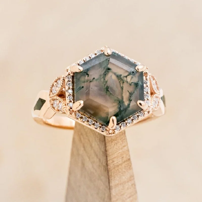 "LUCY IN THE SKY" - HEXAGON CUT MOSS AGATE ENGAGEMENT RING WITH DIAMOND HALO & MOSS INLAYS