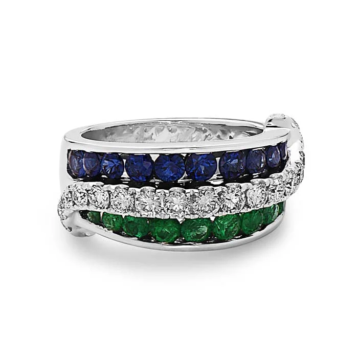 Charles Krypell "Krypell Collection" Triple Row Ring with Diamonds, Sapphires and Emeralds in 18K White Gold