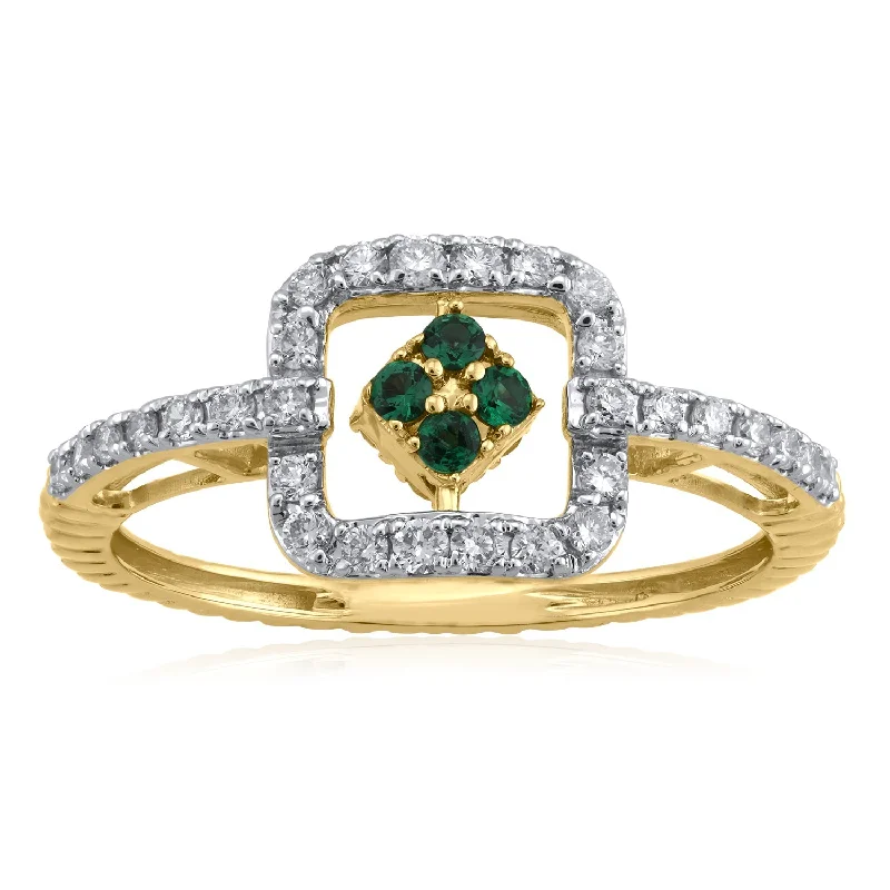 18K YG Cluster Diamond Created Emerald Ring-1pc