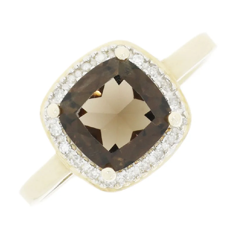 Pre Owned Ladies 9ct Yellow Gold Smokey Quartz and Diamond Ring