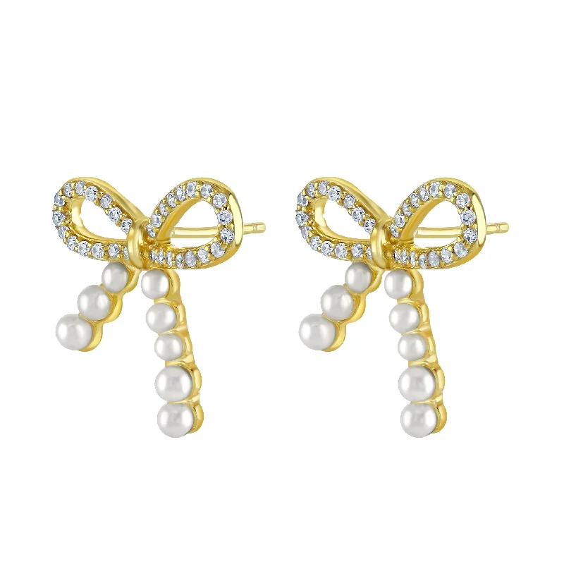 Cubic Zirconia Bow and Button Pearl Earrings