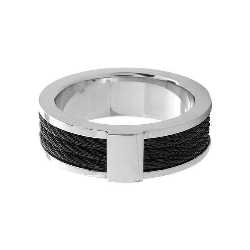 Black IP plated ring with three black steel cables