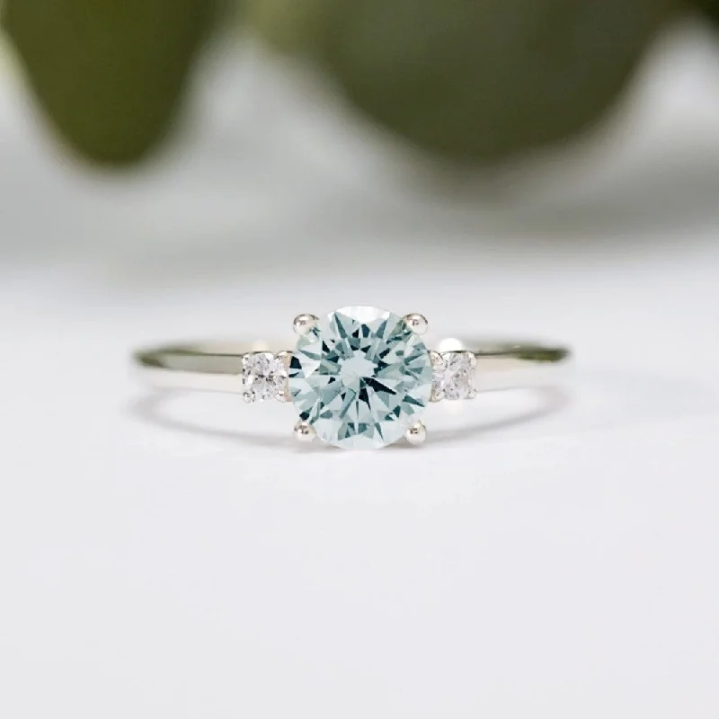 Round Aquamarine Diamond Trilogy Ring