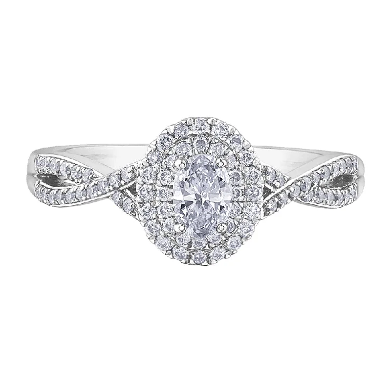 Oval Diamond Ring with Halo and Twist Accents