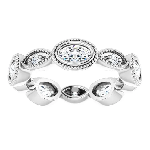 Vintage Style 1.17 ct. Oval & Round Diamond Eternity Band Milgrain Accent Wedding Ring