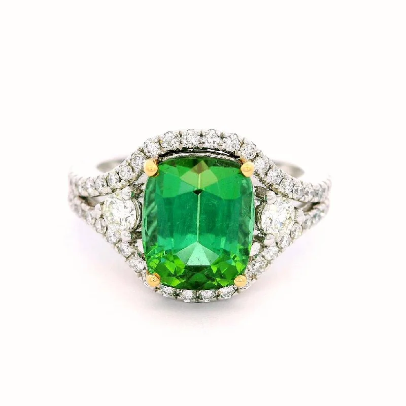 18K White And Yellow Cushion Tourmaline Halo Ring