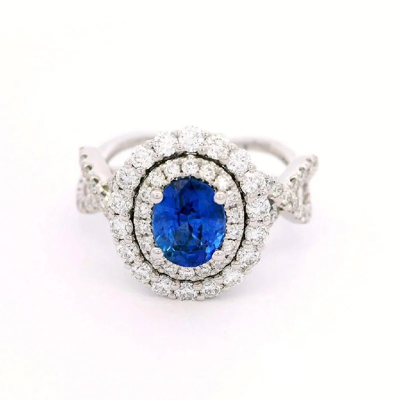 18K White Gold Oval Sapphire Double Halo Ring