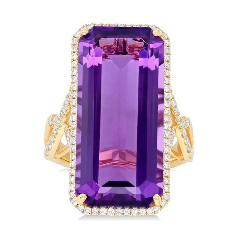 14K Yellow Gold Emerald Amethyst Contemporary Ring