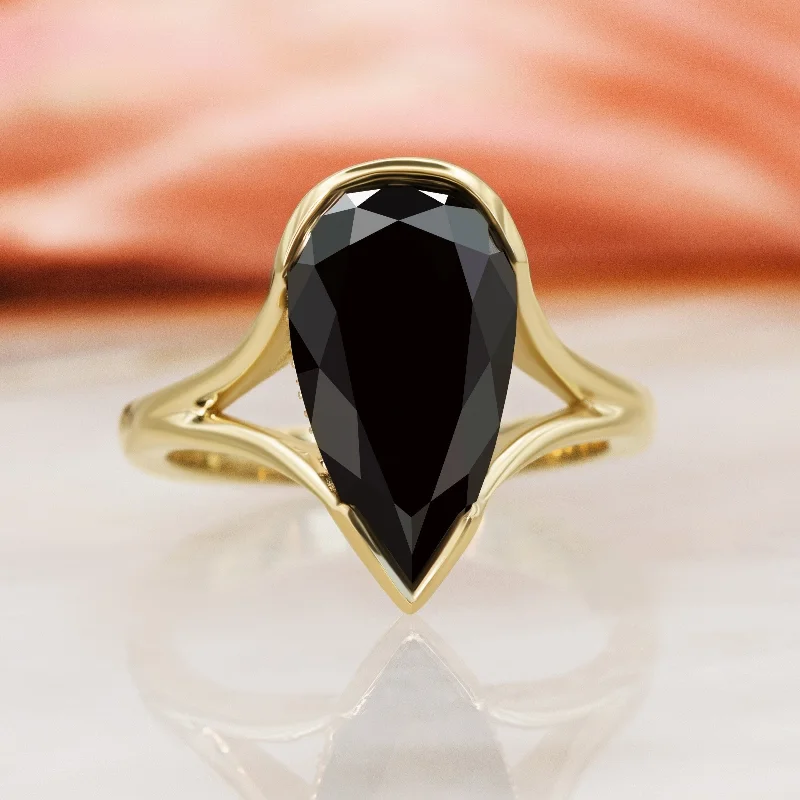 Pera Scura - Semi Bezel Natural Black Diamond Elongated Pear Engagement Ring in Yellow Gold