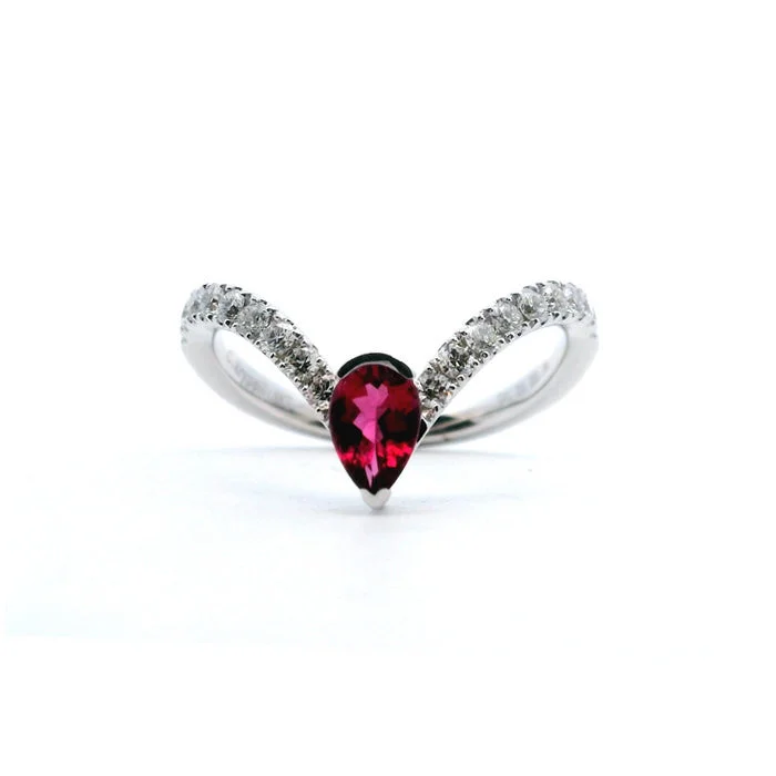 Charles Krypell Precious Pastel Rubellite Tourmaline and Diamond “V” Ring in 18K White Gold