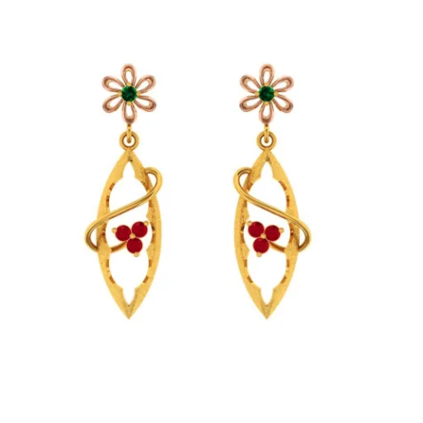 Gold Earrings With Green And Red Stones Embedded Into Feminine Design