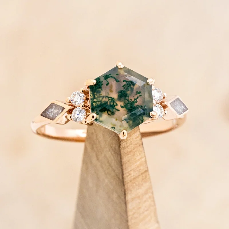 "EVERETT" - HEXAGON MOSS AGATE ENGAGEMENT RING WITH SIDE DIAMOND & DIAMOND DUST INLAYS