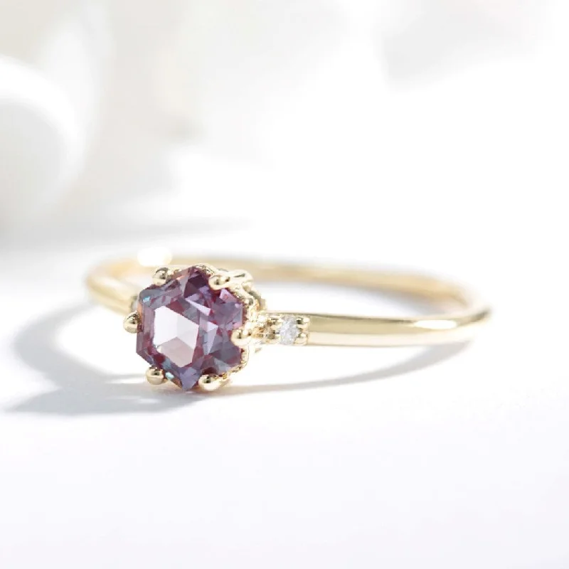 Hexagon Alexandrite and diamond engagement ring