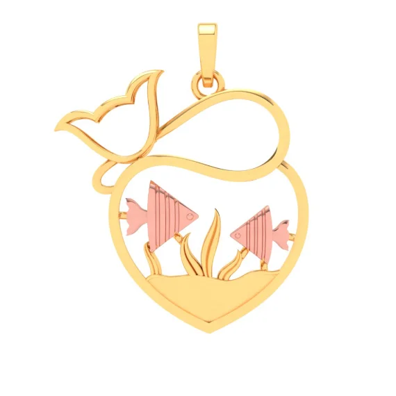 14k Fish Bowl Shape Gold Pendant With Yellow Gold Fishes And Cat From Amazea Collection