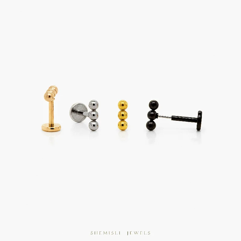 Tiny 3 beads Threadless Flat Back Earrings, 20,18,16ga, 5-10mm Unisex, Surgical Steel SHEMISLI SS593