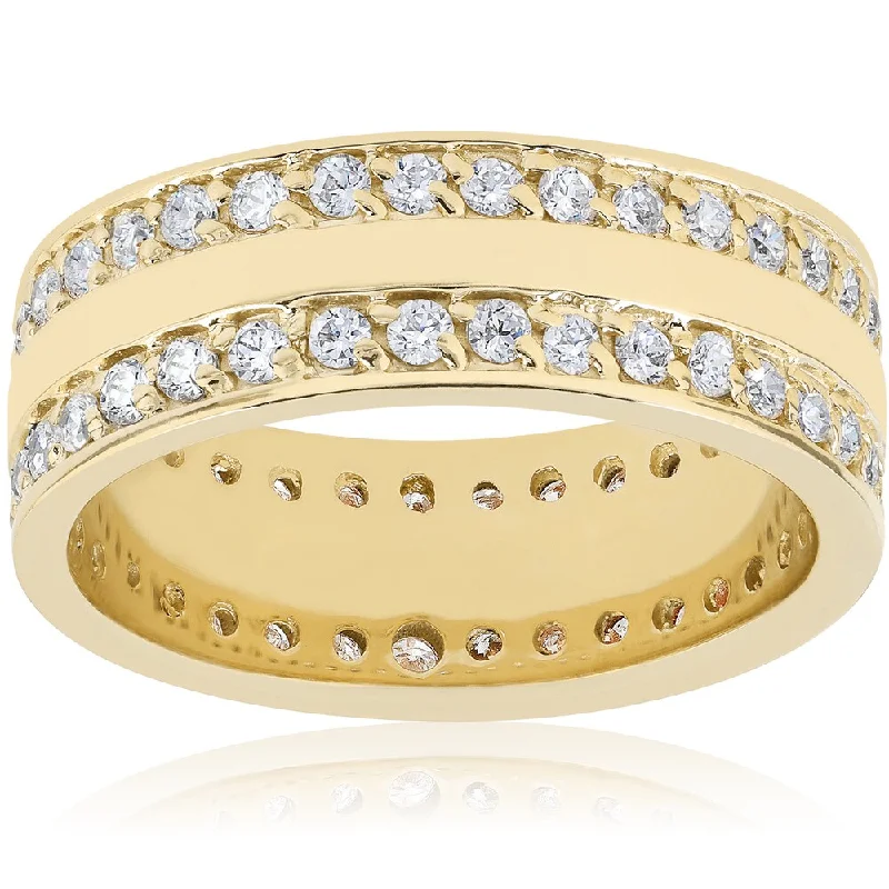 14K Yellow Gold 1 1/2 TDW Diamond Double Row Eternit Band Wedding High Polished Ring (I-J,I2-I3) - White