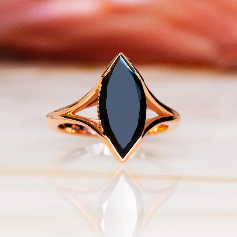 Univers's Eye- Art Deco  Natural Black Diamond Marquise Engagement Ring in Rose  Gold