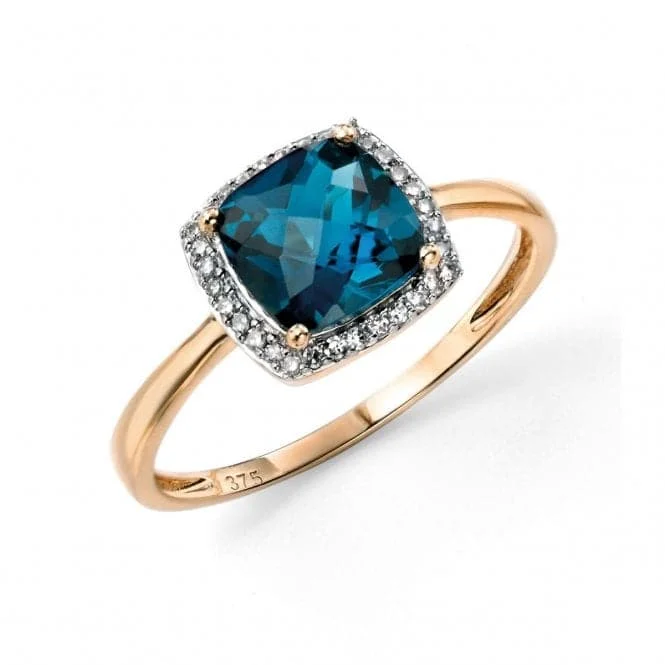 Elements 9ct Yellow Gold London Blue Topaz Checkerboard Ring With Diamond Surround GR453T