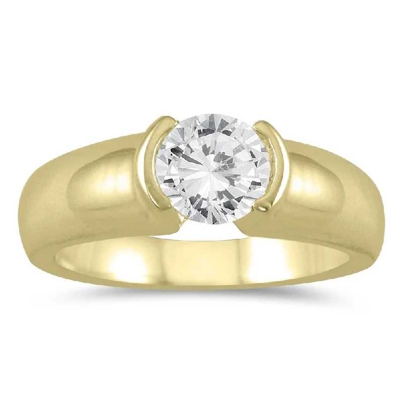 AGS Certified 3/4 Carat Half Bezel Diamond Solitaire Ring in 14K Yellow Gold (I-J Color, I2-I3 Clarity)