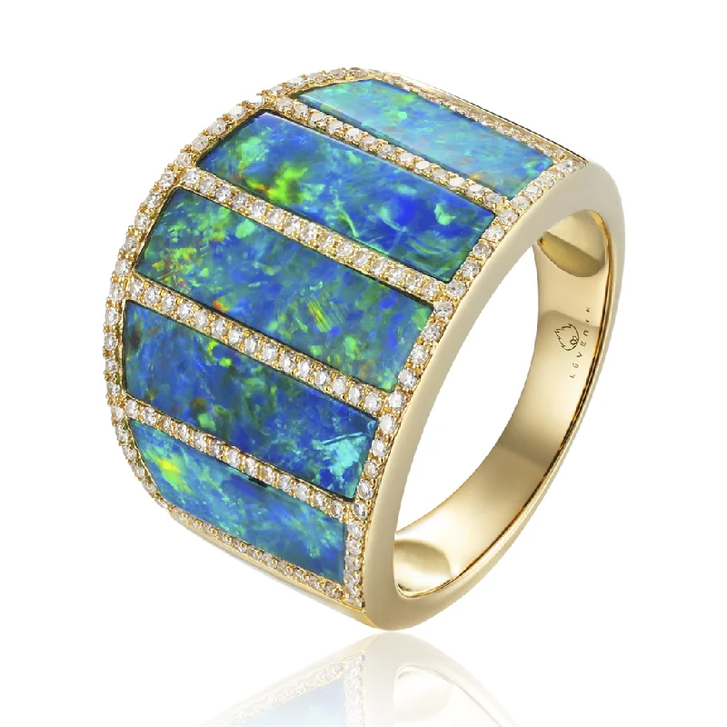 14K Yellow Gold Opal Inlaid Wide Ring