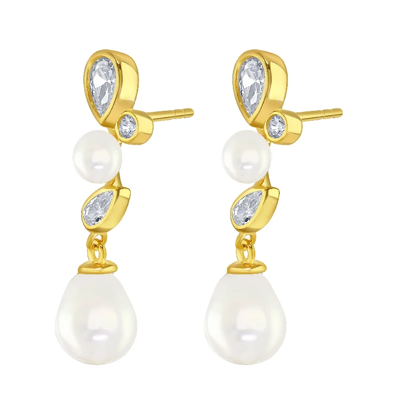 Gold Vermeil Pearl Cubic Zirconia Bezel Set Earrings