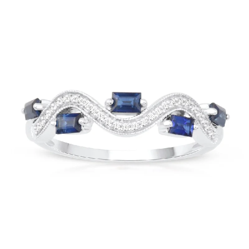 Baguette Cut Sapphire Gemstone 1/20ct TDW Diamond Band in Silver