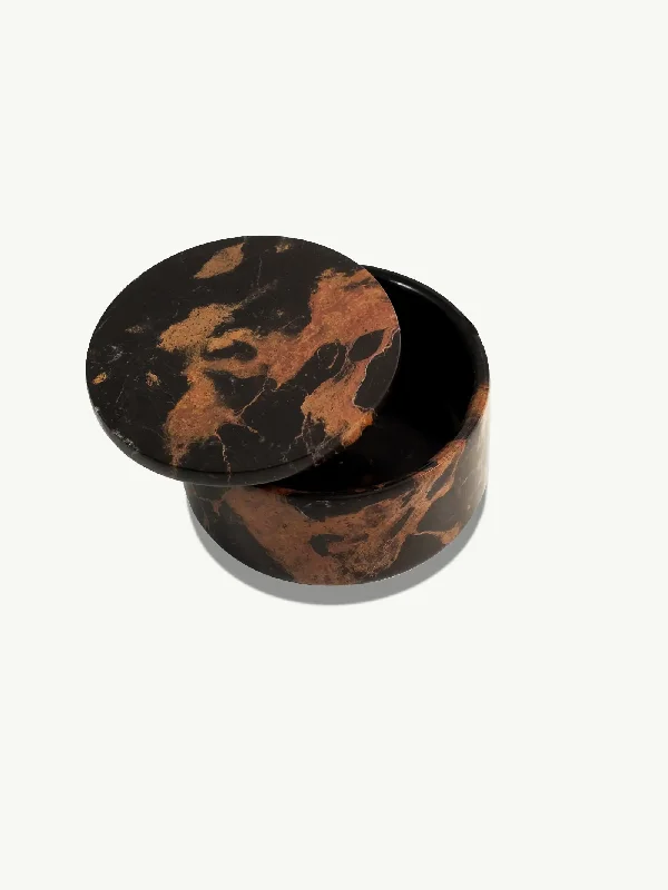 Elegant Round Black & Orange Marble Small Jewelry Box