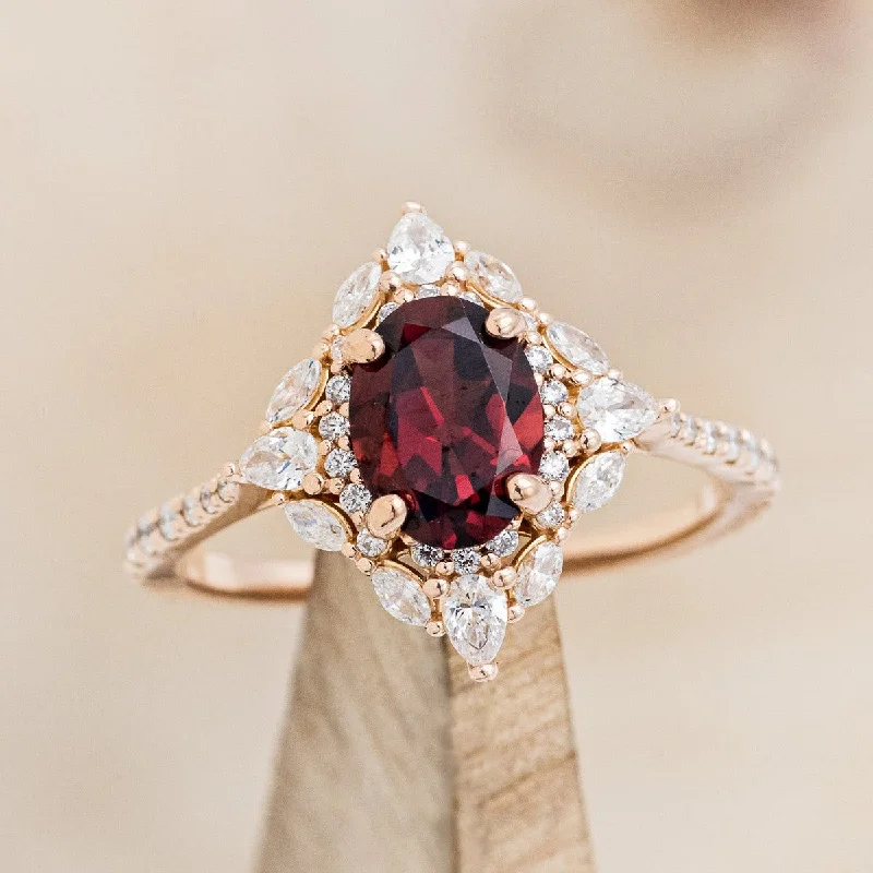 "NORTH STAR" - OVAL GARNET ENGAGEMENT RING WITH DIAMOND HALO & ACCENTS