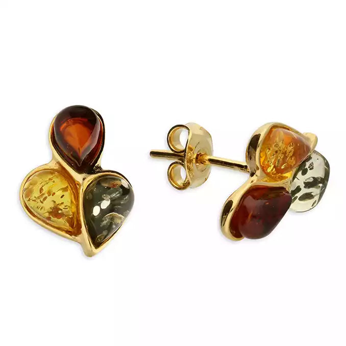 Gold Vermeil Mixed Amber Triple Teardrop Stud Earrings