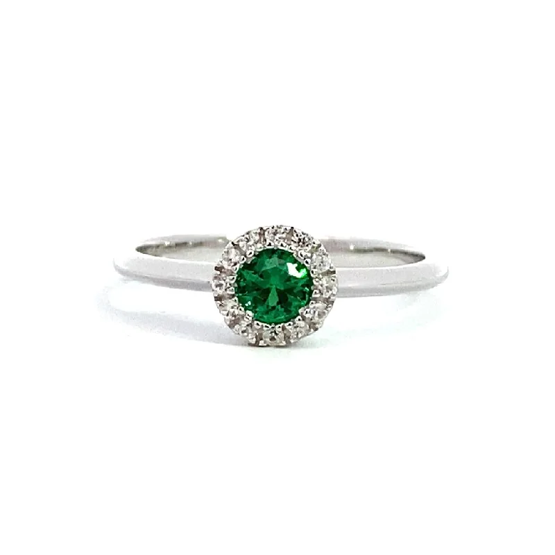 May Birthstone Ring: Sterling Silver Synthetic Emerald Halo Ring