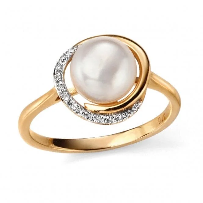 Elements 9ct Yellow Gold Button Pearl And Diamond Ring GR503W