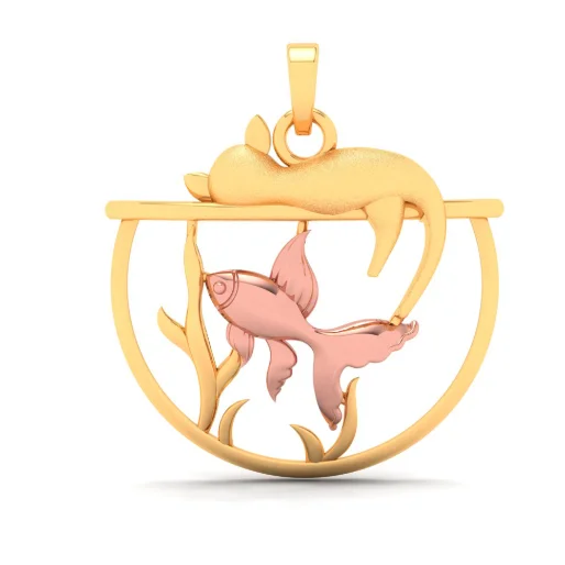 14k Fish Bowl Shape Gold Pendant With Yellow Gold Fish And A Cat On Top From Amazea Collection